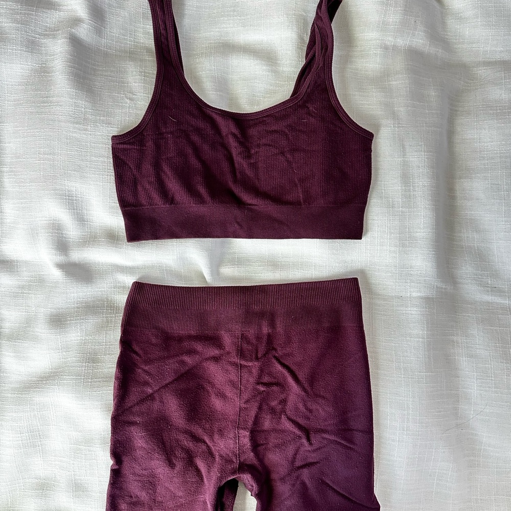 Fabletics Plum Ribbed Scoop Sports Bra & High-Waist Leggings Set